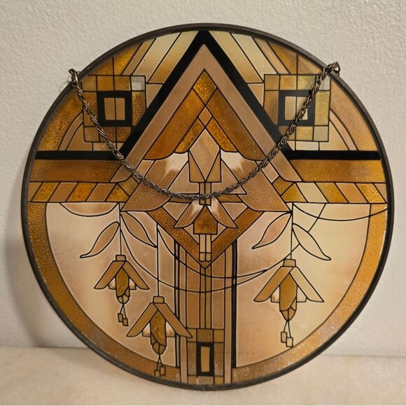 Vintages MCM Stained Glass Style Hand painted Aztec Sun Catcher - Picture 2 of 10